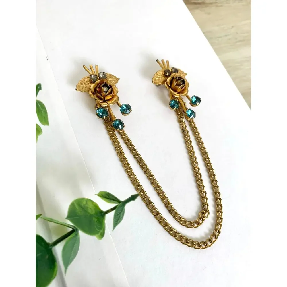 Vintage 1950s Sweater Clip Double Brooch Teal Rhinestone Gold Tone Chain Elegant